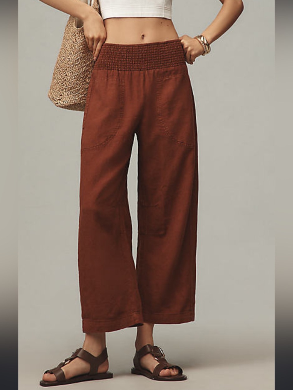 Pilcro The Reese Smocked Linen Barrel Leg Pant in Rust